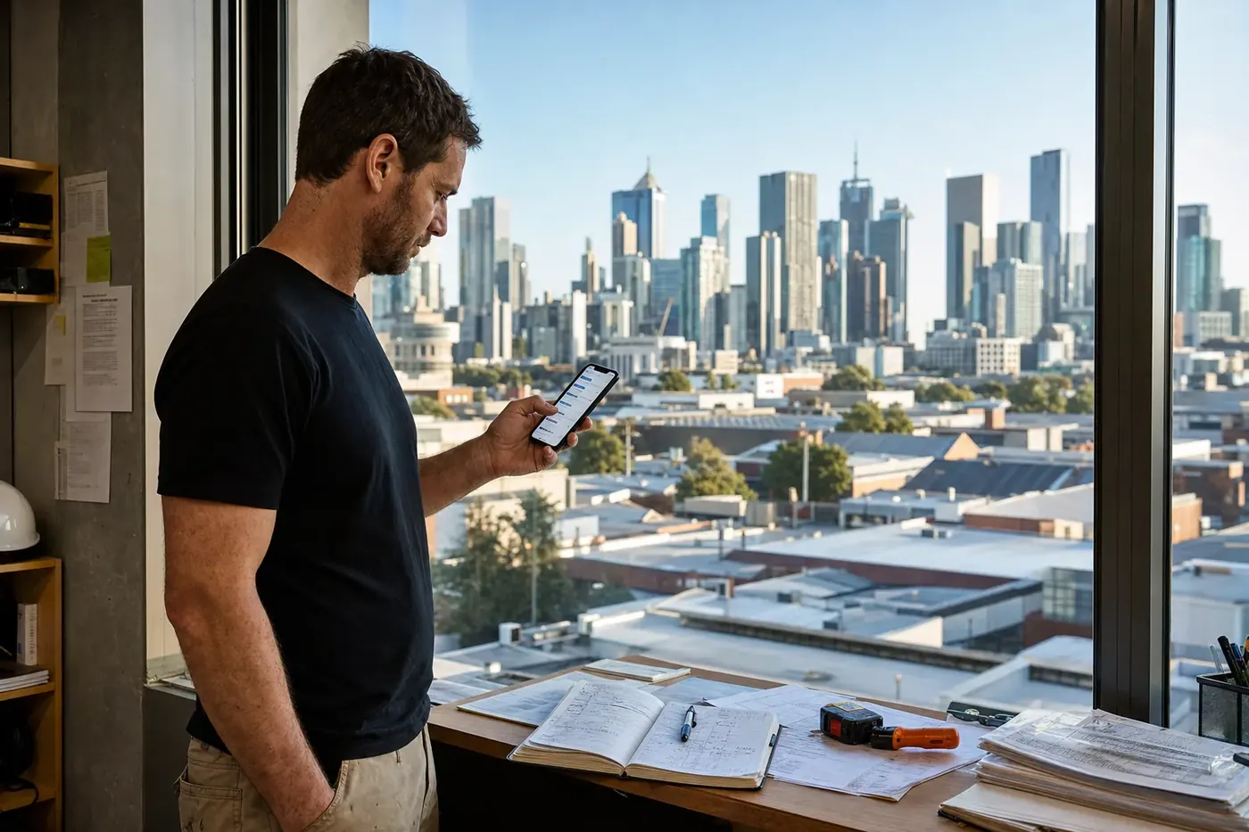 Melbourne business owner checking new enquiries on a phone with the city skyline behind
