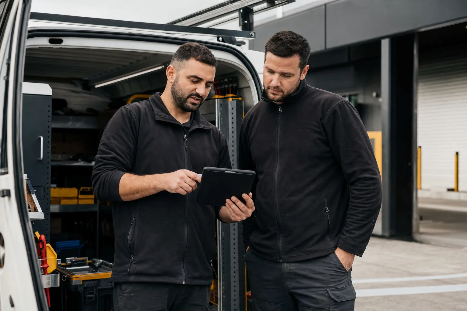Melbourne commercial service team reviewing a job on a tablet by their van