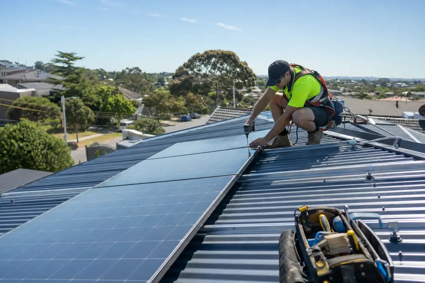 Melbourne solar installer in hi-vis working on a residential roof