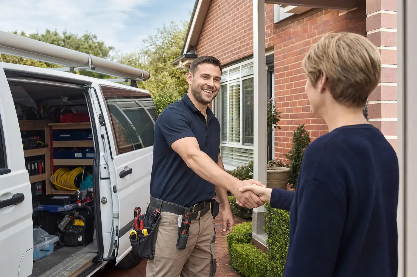 Melbourne tradesperson greeting a customer at a suburban home beside their work van
